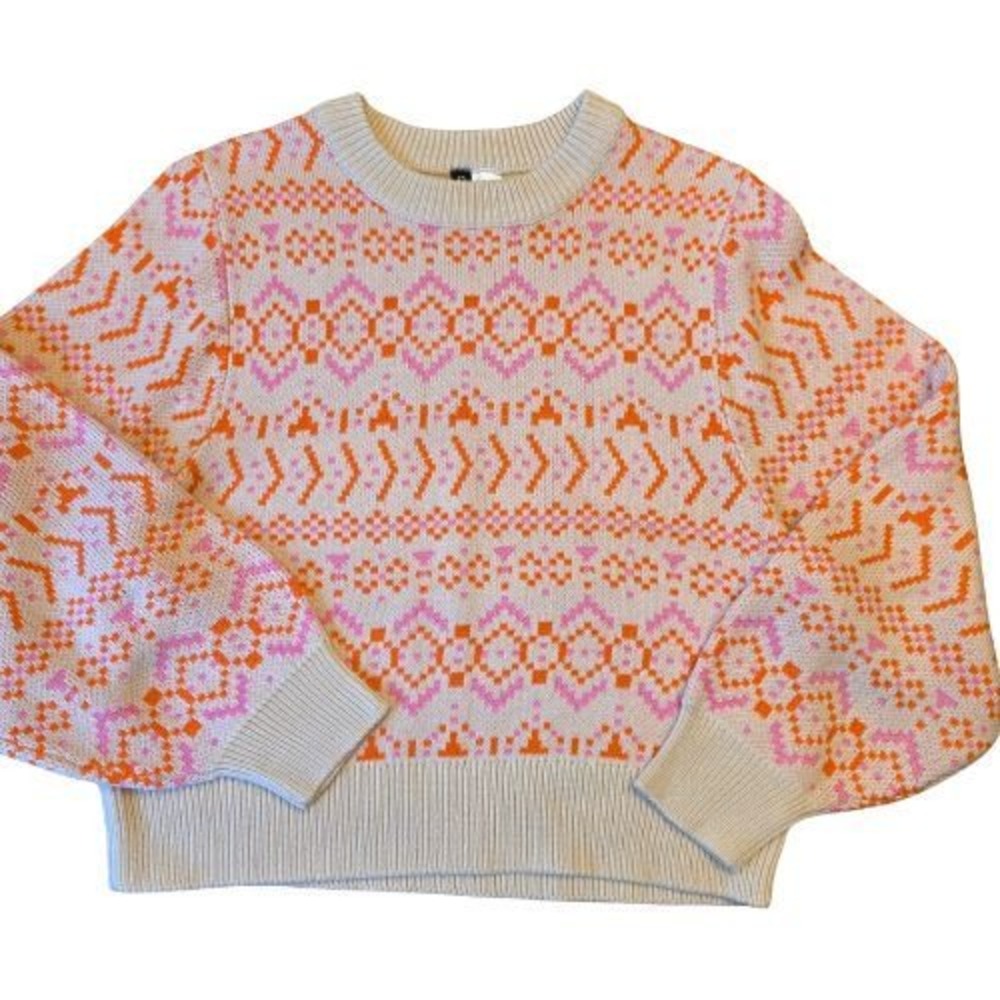 HM Divided Womens M Fair Isle‎ Sweater Pink Orange Geometric Nordic Preppy Cozy